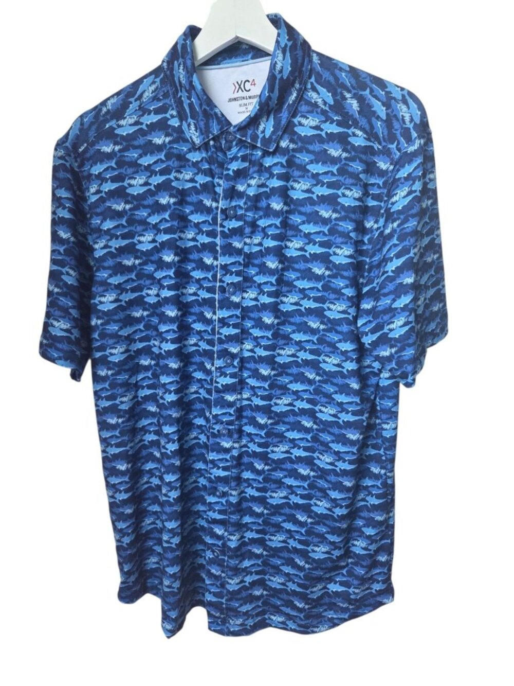 Johnston & Murphy XC4 Slim Fit M Shark Print Button Up Short Sleeve Shirt Stretc